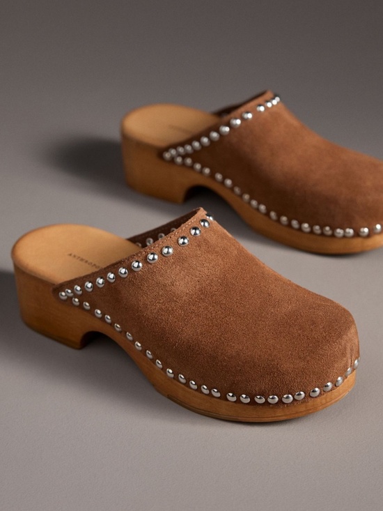 Anthropologie Shoes - NWT: Tan Suede Studded Wood Bottom Clogs (37 EU - 6 / 6.5 US)